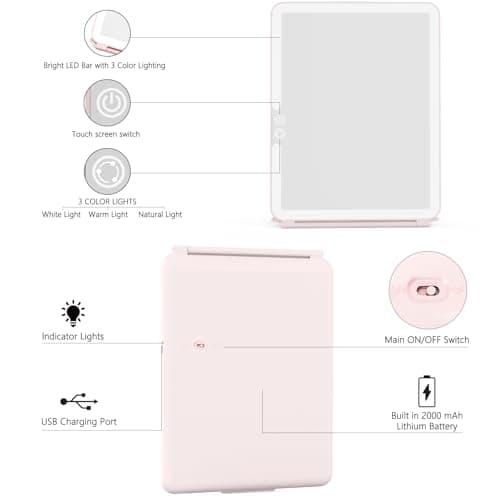 WEILY Makeup Mirror with Lights, 2000 mAh USB Rechargeable Lighted Makeup Mirror, Touch Screen 3 Colors Adjustable 72 LED Lights Compact Travel Mirror, Gift for Girls Women (Pink) 6