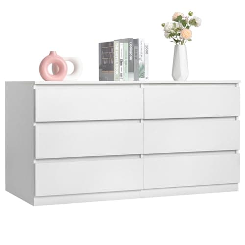 Karl home White 6 Drawer Dresser - Modern Chest of Drawers for Bedroom, Wood Dressers with Deep Drawers, Cut-Out Handles, Anti-Tipping Device, Living Room, Hallway, Entryway - 55-Inch