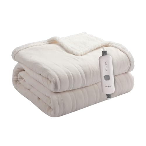 BRILLIO Electric Heated Blanket 50"x60" Throw Size Flannel & Sherpa - 4 Heat Settings & 3H Auto Shut Off, Fast Heating, Machine Washable for Bed, Couch, Office - White
