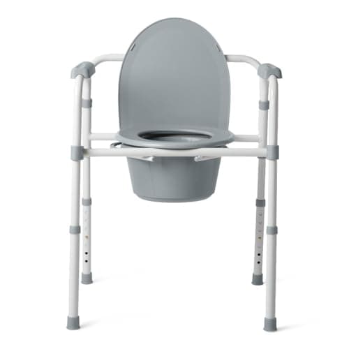 Dr. Dunley 3-in-1 Bedside Commode Chair – Steel Folding Frame, 7.5 QT Bucket, 350 lb Weight Capacity, Clip-On Toilet Seat, Bathroom Safety Aid for Seniors, Tool-Free Assembly – Gray