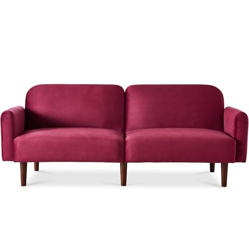 Best Choice Products 77" Mid Century Modern Velvet Loveseat Sofa, Couch, Convertible Sofa Sleeper Bed w/Real Wood, Removable Armrest - Raspberry