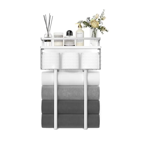 Towel Racks for Bathroom, Bathroom Shelf Over Toilet,Floating Shelves with Towel Rack Paper Holder Storage Basket,Floating Shelves for Wall Decor,Silver 8