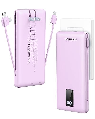 charmast Portable Charger with Built-in Cables & Wall Plug, 10000mAh Portable Power Bank, External Battery Pack Travel Essentials Compatible with iPhone 16/15/14/13, Samsung, iPad etc