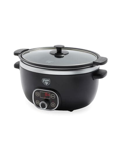 GreenLife 6QT Slow Cooker, Non-Toxic PFAS-Free Ceramic Nonstick Removable Interior Bowl, Programmable, Family Friendly, Keep Warm, Stovetop & Oven Safe, Dishwasher Safe Crock, Timer, Glass Lid, Black