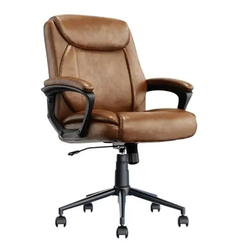 Click365 Transform 1.0 Extra Comfort Ergonomic Mid Back Desk Chair, with Padded armrests, Adjustable-Height, Tilt, Lumbar Support, Bonded Leather, Cognac