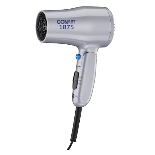 Conair Compact Hair Dryer with Folding Handle, 1875W Travel Blow Dryer with Diffuser and Concentrator Attachments, 2 Heat & 2 Speed Settings, Dual Voltage, Grey