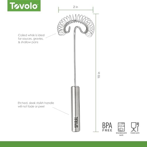 Tovolo Spiral Whisk Stainless Steel 10” Sauce and Gravy Whisk for Cooking Blending Mixing Stirring Whipping Whisking and Egg Beating, Easy to Clean Dishwasher Safe Kitchen Flat Bottom Coil Whisker 6