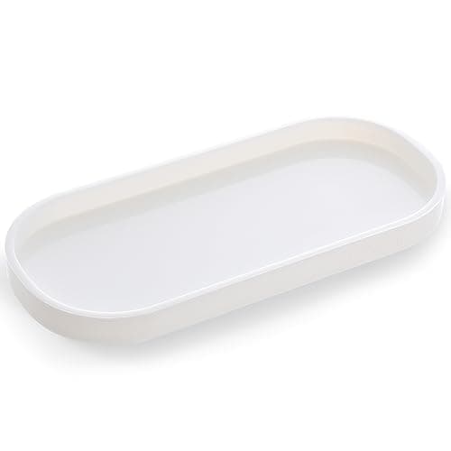FriyGardcn 9.84" White Bathroom Sink Vanity Trays Small Silicone Soap Dispenser Tray, Shatterproof Countertop and Vanity Tray, Toilet Tank Oval Storage Tray, Kitchen Countertop Organizer for Soap