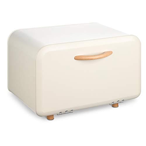 Navaris Bread Box - Metal Bread Bin Storage Tin with Front Opening Drop Down Door for Kitchen Counter or Shelf - Breadbox Storage Container - Cream