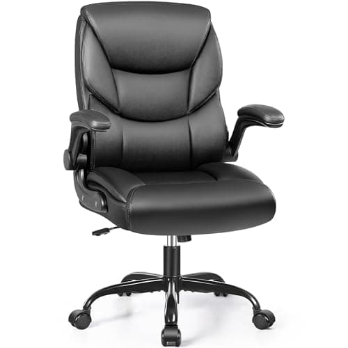 FelixKing Leather Office Chair - Small PU Ergonomic Desk Chair, Comfy Computer Chair with Wheels and Flip-up Armrests, Adjustable Height Mid Back Executive Office Chair for Short People-Black