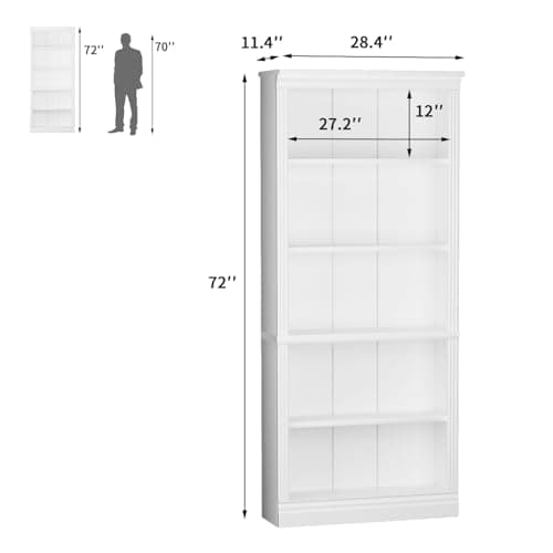 Furniwell Bookcase Bookshelves, 5-Shelf Tall Bookcase 71" Wood Open Display Floor Bookshelf, Large Storage Organizer for Library, Bedroom, Living Room (White) 5