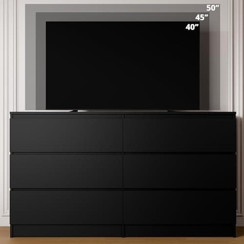 Cozy Castle 52'' Black Dresser for Bedroom, Modern 6 Drawer Dresser, Wood Chest of Drawers with Deep Drawers, Wide Storage Cabinet for Living Room, Hallway Entryway 8