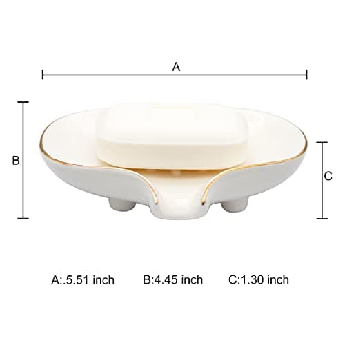 Polyroyal White Soap Dish Ceramic Self Draining Soap Dish Waterfall Slot Gold Edge Bathroom Accessories for Bathroom, Kitchen,Bar Counter 6