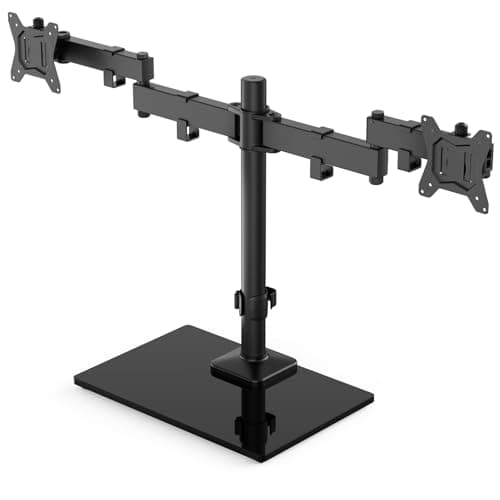 HUANUO Freestanding Dual Monitor Stand, 32 Inch Dual Monitor Mount for 2 Screens, Holds up to 19.8 lbs per Arm, Gaming Monitor Arm Riser with Tempered-Glass Base, Tilt, Swivel, Rotation, Black