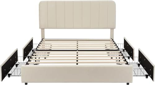 VECELO Full Size Upholstered Bed Frame with 4 Drawers and Adjustable Headboard, Velvet Platform Storage Bedframe Mattress Foundation, Wooden Slats Support, No Box Spring Needed, Beige 7