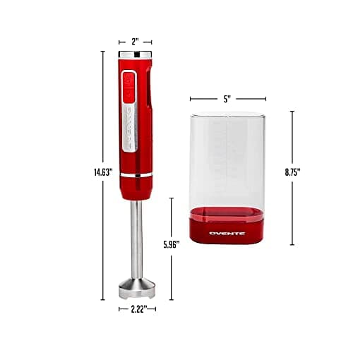 OVENTE Cordless Immersion Hand Blender, Rechargeable Handheld Portable Stick Mixer with 8 Mixing Speed Option, One-Touch Control and Stainless Steel Blades for Smoothies, Shakes or Soups, Red HR781R 8