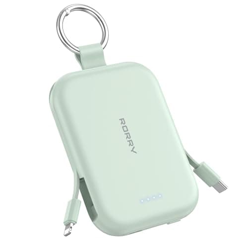 RORRY Portable Charger, 5000mAh Portable Charger Power Bank with Built-in Cables, Travel Keychain Charger Battery Pack for iPhone 17/16/15/14/13/12, for AirPods 2/3/4/Pro, Green