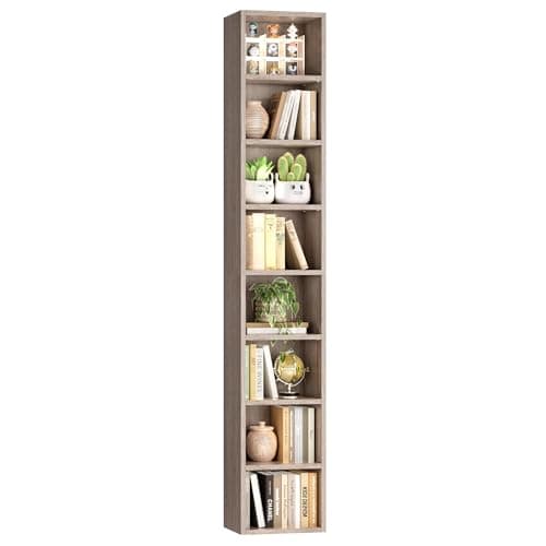 FOTOSOK 8-Tier Media Tower Rack, 11.6 X 9.3 X 70.9 Inches CD DVD Slim Storage Cabinet with Adjustable Shelves, Tall Narrow Bookcase Display Bookshelf for Home Office, Oak