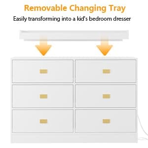 Patikuin Dresser for Bedroom with 6 Drawers, Wide Chest of Drawers with Changing Table Top, Nursery Storage Organizer for Infant with Power Outlets, Changing Pad & Removable to - White 9