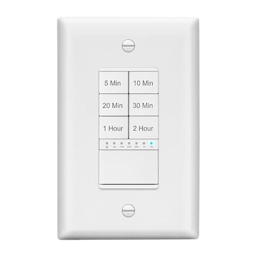 LIDER 2-Hour Countdown Timer Switch with Wall Plate, 5-10-20-30 Min, 1-2 Hour, for Lighting or Fans, LED Indicator, 1200W, Neutral Wire Required, UL Listed, LTS-2H-WWP, White