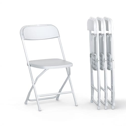 4 PACK White Foldable Plastic Chair | Folding & Stackable | 350 lbs Capacity Steel Frame Seats for Indoor Outdoor | Commercial Use Events Wedding Party Events Bulk Picnic Kitchen Dining