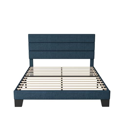 Allewie Queen Size Platform Bed Frame with Fabric Upholstered Headboard and Wooden Slats Support, Fully Upholstered Mattress Foundation/No Box Spring Needed/Easy Assembly, Navy Blue 8