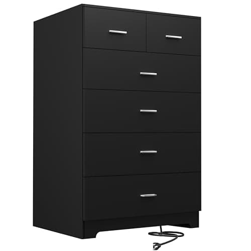 FJTJBSI Dresser with Power Outlets Wooden 6 Drawer Dresser with Large Organizer Black Tall Storage Organizer with Smooth Metal Rail Modern Chest of Drawers Closet for Bedroom Hallway