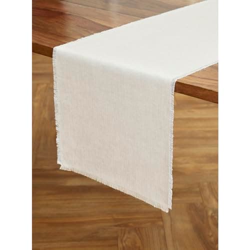 Solino Home Linen Light Natural Table Runner 36 Inches - Fringe, 100% Pure Linen Small Table Runner 14 x 36 Inch Ideal for Dresser and Coffee Tables - Spring, Easter, Mothers Day