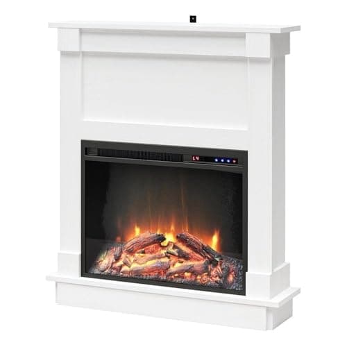 Ameriwood Home Ellsworth Fireplace with Mantel, White - Cozy Electric Heater for Home & Kitchen, 400 sq. ft. Heating, Remote Control, Neutral Finish