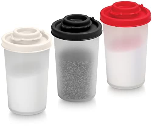 SIGNORAWARE Salt and Pepper Shakers Moisture Proof Salt Shaker to go Camping Picnic Outdoors Kitchen Lunch Boxes Travel Spice Set Clear with colored lids Plastic Airtight Dispenser (Large,3 pack)