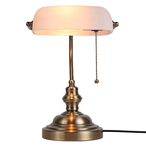 Newrays Glass Bankers Desk Lamp with Pull Chain Switch Plug in Fixture,Satin Brass Finish (White)
