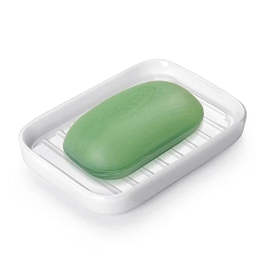 Nucookery 5" Ceramic Soap Dish Sponge Holder for Kitchen Sink Caddy, Dish Soap Holder for Bathroom Rectangle Easy to Clean