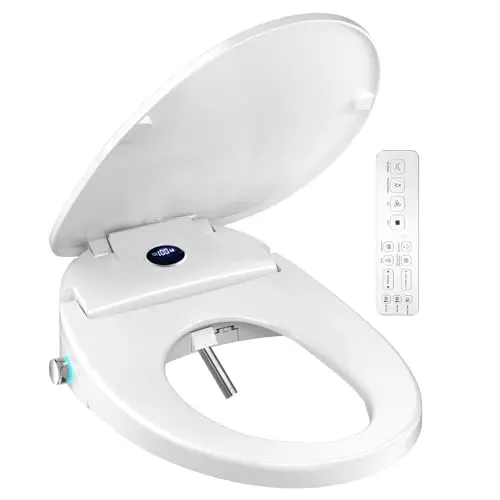 XCQQ Bidet Toilet Seat, Bidet Seat with Remote Control, Warm Water Wash, Heated Seat, Air Dryer, Soft Close Lid, Night Light, Self Cleaning Nozzle, LED Display, Requires Outlet - Round