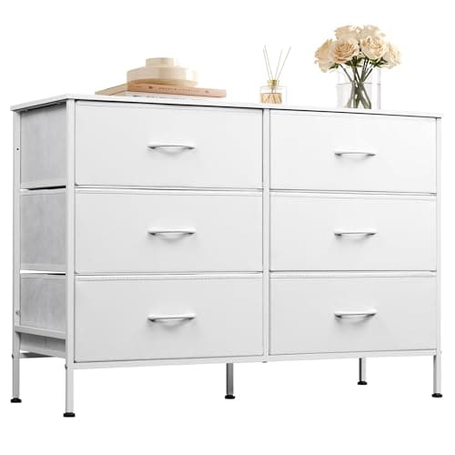 WLIVE Wide Dresser with 6 Fabric Drawers, TV Stand for 50" TV, Closet Dresser with Metal Frame, Wooden Top, Fabric Dressers for Bedroom, Closet, Hallway, Living Room, Entryway, White