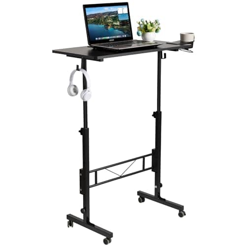SIDUCAL Portable Standing Desk Adjustable Height, Mobile Stand Up Desk with Wheels, Small Computer Desk for Walking Pad, Rolling Desk for Standing or Sitting, Black