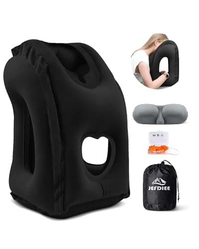 JefDiee Inflatable Travel Pillow, Airplane Neck Pillow Comfortably Supports Head and Chin for Airplanes, Trains, Cars Office Napping on The Tray Table (Black)
