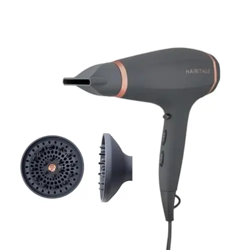 Hairitage Ionic Hair Blow Dryer & Diffuser + Concentrator Attachments, for All Hair Types, 1875 Watts, 3 Heat Settings & Cool Shot Locks-in Style, Best Lightweight Diffuser for Smooth Blowouts