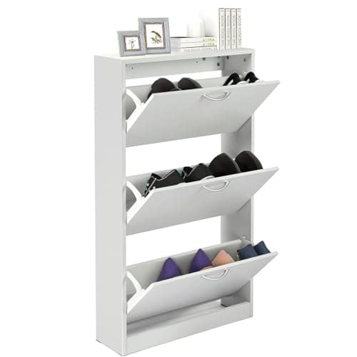HOPUBUY Shoe Cabinet for Entryway, White Narrow Shoe Storage Cabinet Flip Down Shoe Rack Wood 3 Tier Shoe Organizer for Home and Apartment
