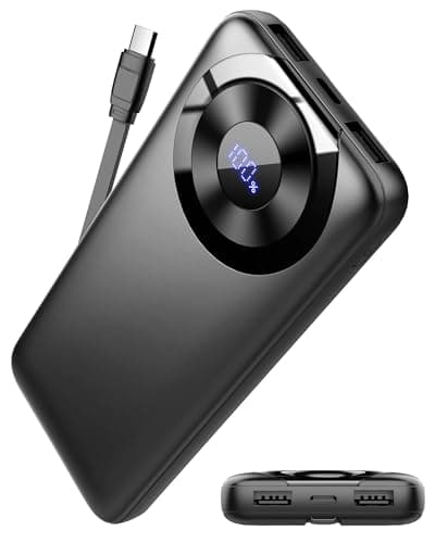Hosgubo Power Bank 10000mAh, Portable Charger with Built in Cable 5V/3A High-Speed Charging, 4 Output 2 Input LED Display Slim Powerbank for iPhone 15/14/13, Galaxy S23/22, Tablet and etc