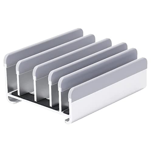 Elestoria 5- Slot Vertical Laptop Stand - Aluminum Laptop Stand Vertical for Desk - Adjustable Width (12-38mm) Fits MacBook Pro/Air, Surface & Gaming Laptops upto 17.3"-Heavy Duty Laptop Holder-Silver