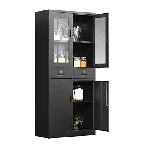 AFAIF Glass Display Cabinet with Drawers, Lockable Metal Storage Cabinet with 2 Adjustable Shelves, 71'' Tall Cabinet for Home, Black