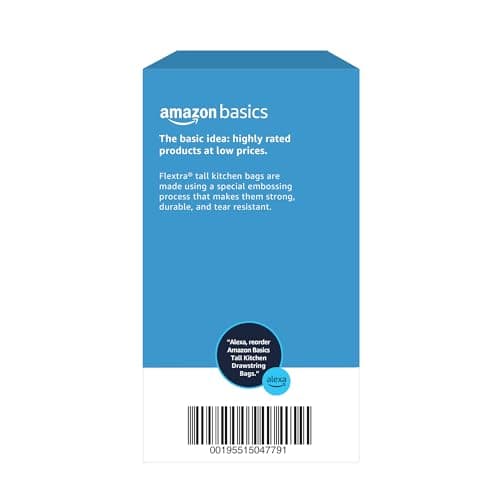 Amazon Basics 13 Gallon Tall Kitchen Drawstring Trash Bags, Flextra Strength, Tear Resistant, 10% Post Consumer Recycled, 50 Count, White 6