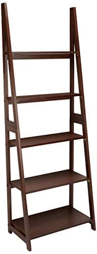 Amazon Basics 5-Tier Ladder Bookshelf Storage Organizer, Solid Rubberwood Frame, Space-Saving Bookcase, Sturdy Shelves, Walnut Finish, 14" D x 24.8" W x 70.1" H