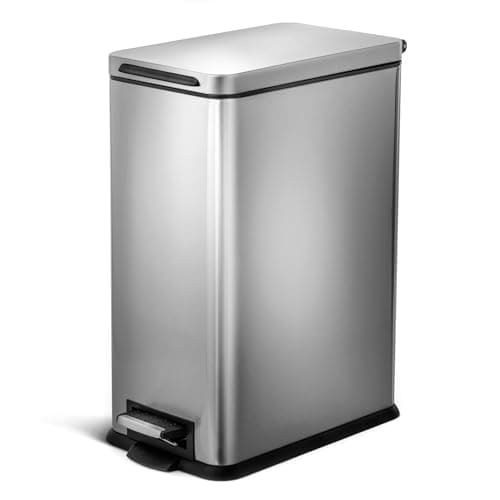 Home Zone Living 8 Gallon Slim Kitchen Trash Can with Soft Close Lid, Step Pedal, Bag Tuck Band, and Removable Liner, Stainless Steel, Silver