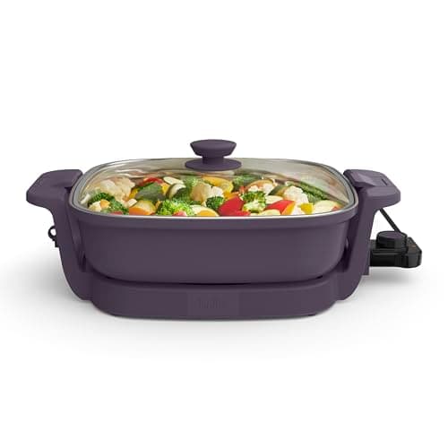 bella Make & Take Electric Skillet, Fits-anywhere™ kitchenware, EverGood™ Ceramic Coating, Adjustable Temperature & Dishwasher-Safe Tempered Glass Lid, Cast Aluminum Base, 1200 Watt, Plum