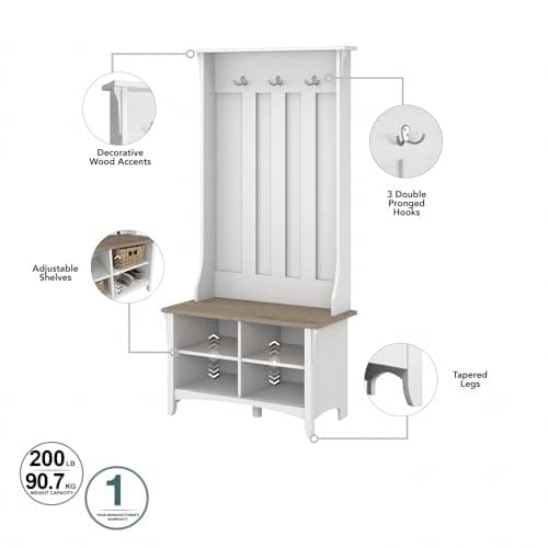 Bush Home Salinas Hall Tree with Shoe Storage Bench in Shiplap Gray and Pure White, Multi-Purpose Home Organizer, Entryway Solution with Seating and Hooks 5