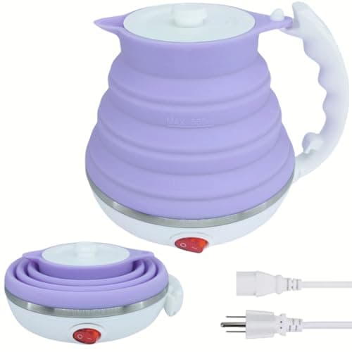 DOFQQG Collapsible Travel Kettle, Portable Electric Kettle, Travel Tea Kettle, Portable Water Boiler, Food Grade Silicone, Auto Shut off and Keep Warm, 110V 555ml (Purple)