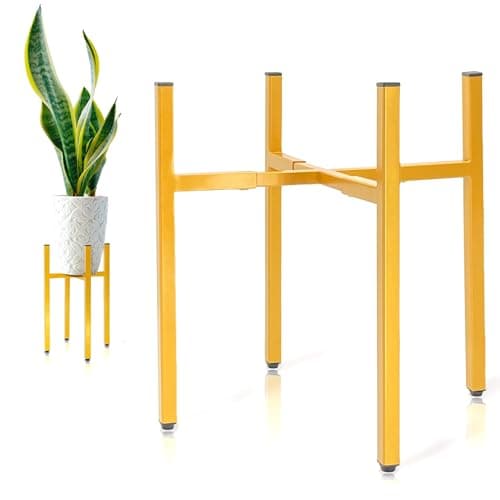 RAINBLELAND Gold Metal Plant Stand for Indoor Plants, Adjustable Heavy Duty Plant Stand Fits 8-14 Inch Pots, Modern Brass Flower Pot Holder with Anti-Scratch Feet, Mid Century Indoor Plant Stand