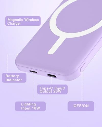 podoru for Magsafe Battery Pack, 5000mAh Magnetic Power Bank with Type-C Cable 20W PD Fast Charging Lighting Input Wireless Portable Charger for iPhone iPhone 17/16/15/14/13/12/ All Series-Purple 6