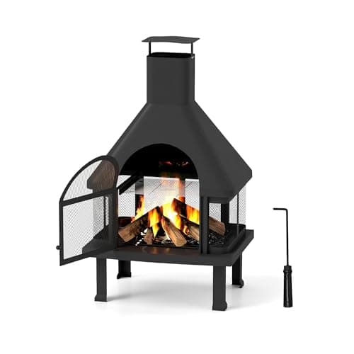 Chiminea Outdoor Fireplace,360-Degree Flame View Outdoor Wood Burning Fire Pit, Chiminea Fire Pit with Grill Grid, Spark Guard and Fire Hook for Backyard, Patio Bonfire Heating - Sleek Black